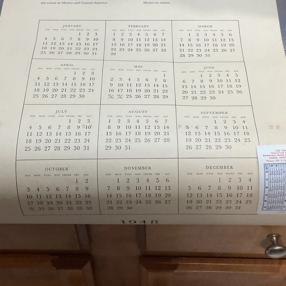 Blue and White Bird Art Calendar1946